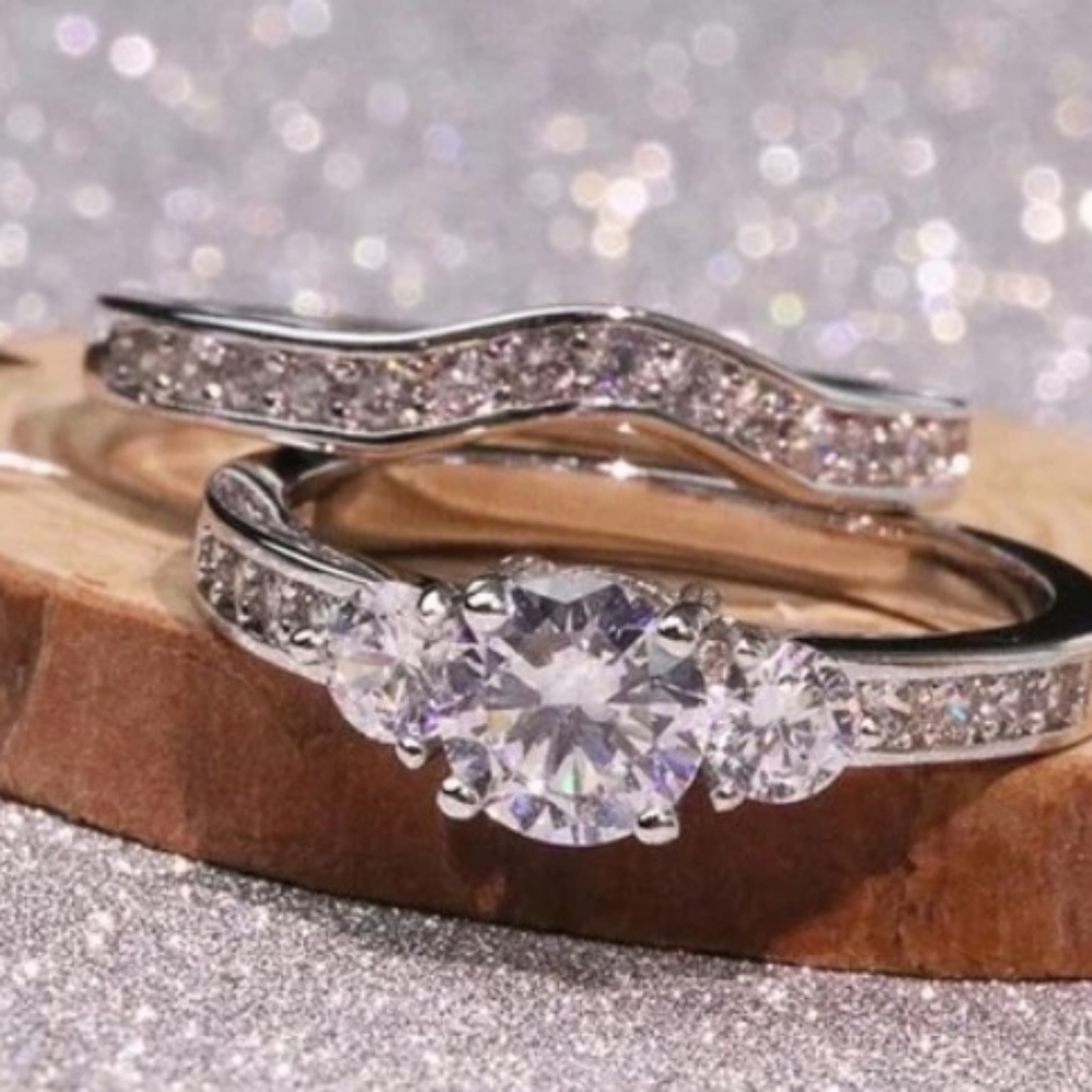 2pcs White Gold CZ Engagement Ring Set, size 8-9